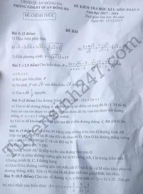De thi ki 1 lop 9 mon Toan quan Dong Da 2017 - 2018