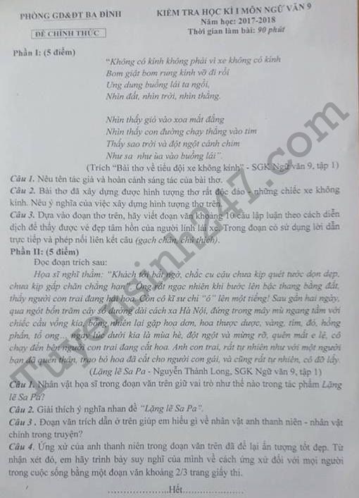De thi ki 1 lop 9 mon Van quan Ba Dinh 2017 - 2018