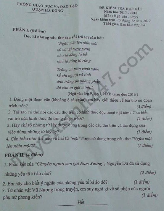 De thi ki 1 lop 9 mon Van Quan Ha Dong 2017 - 2018