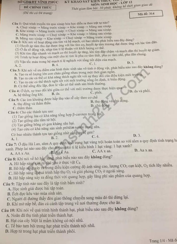 De thi hoc ki 1 lop 12 mon Sinh 2017 - 2018 Vinh Phuc