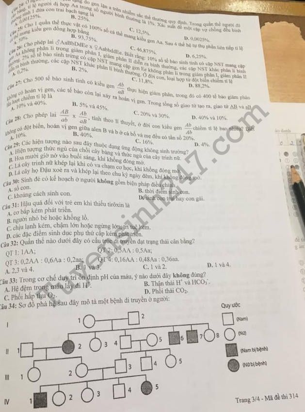 De thi hoc ki 1 lop 12 mon Sinh 2017 - 2018 Vinh Phuc