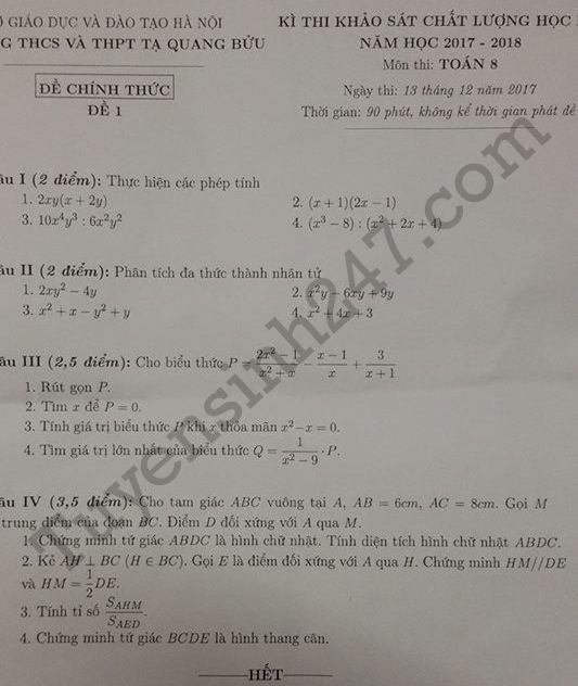 De thi ki 1 lop 8 mon Toan - THCS Ta Quang Buu 2017 - 2018