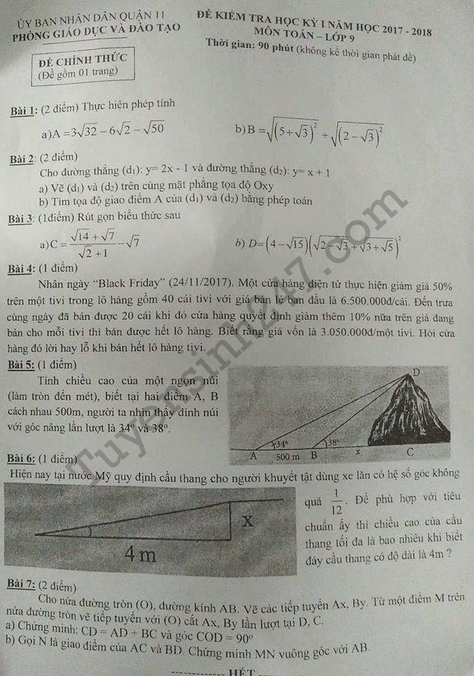 De thi ki 1 mon Toan lop 9 Quan 11 nam 2017 - 2018