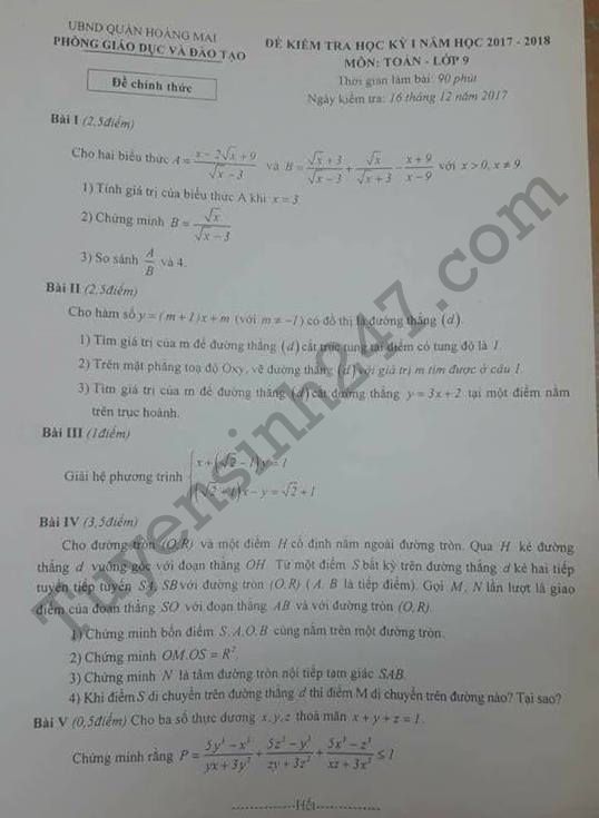 De kiem tra cuoi ki 1 lop 9 mon Toan - Quan Hoang Mai 2017