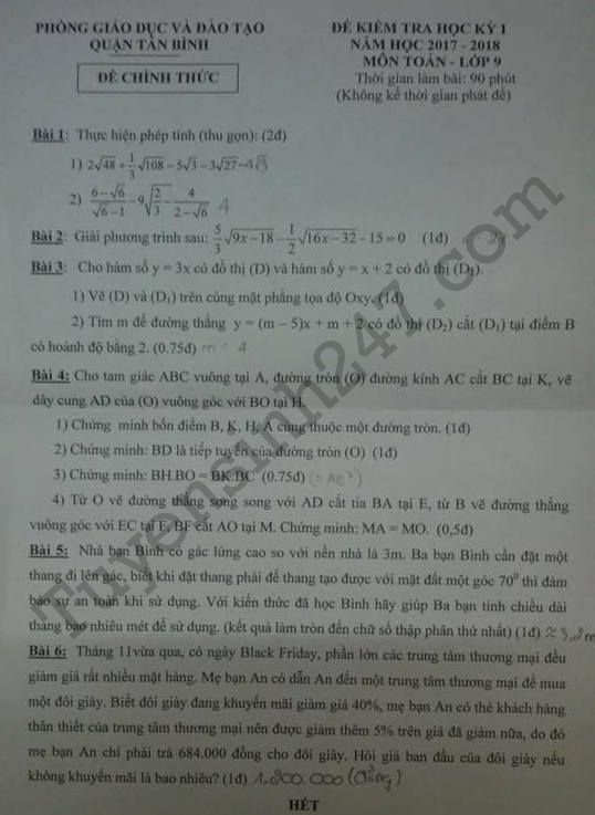 De thi hoc ki 1 lop 9 mon Toan nam 2017 Quan Tan Binh
