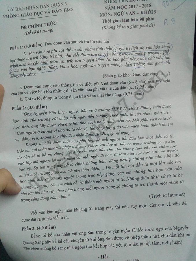 De thi ki 1 lop 9 mon Van Quan 3 nam 2017