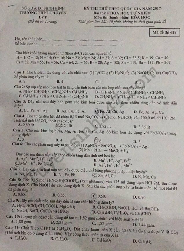 De thi thu THPTQG mon Hoa 2018 - THPT Chuyen Luong Van Tuy lan 1