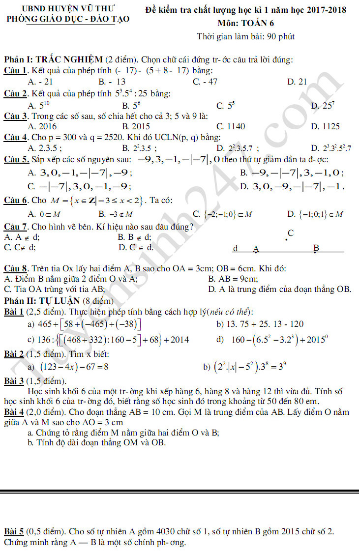 De thi hoc ki 1 lop 6 mon Toan - Phong GD Vu Thu 2017