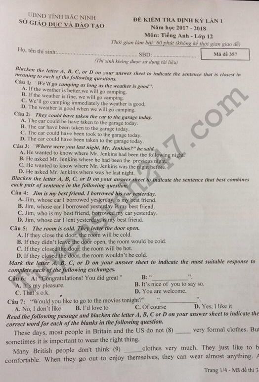 De thi ki 1 lop 12 mon Anh nam 2017 - 2018 So GD Bac Ninh