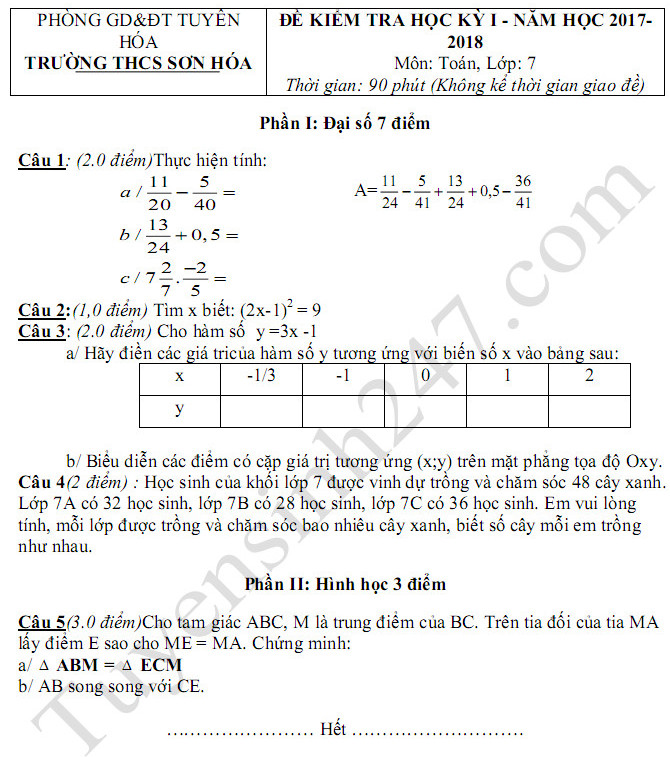 De thi ki 1 lop 7 mon Toan THCS Son Hoa 2017 - 2018