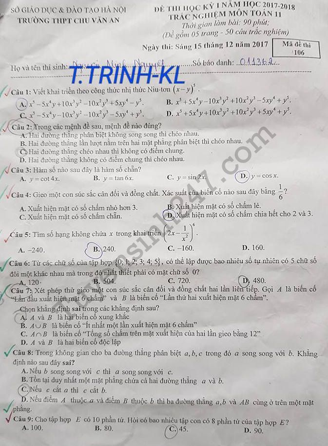 De thi ki 1 lop 11 mon Toan THPT Chu Van An 2017 - 2018