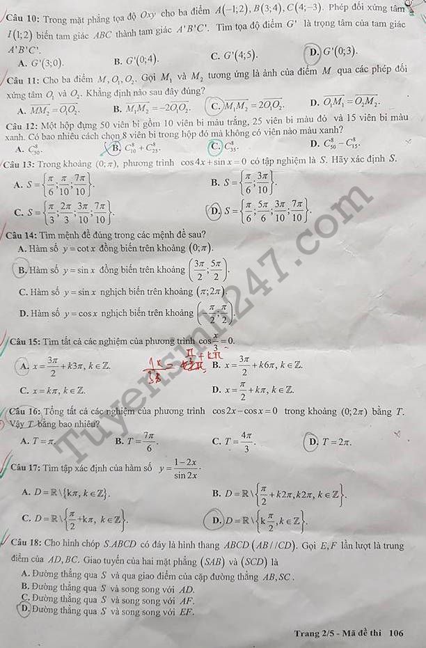 De thi ki 1 lop 11 mon Toan THPT Chu Van An 2017 - 2018