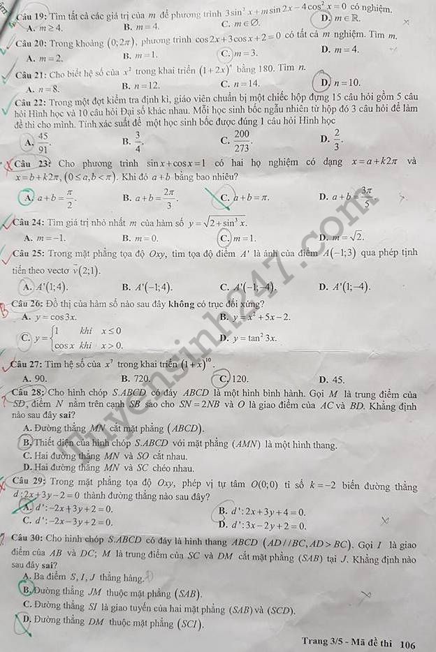 De thi ki 1 lop 11 mon Toan THPT Chu Van An 2017 - 2018