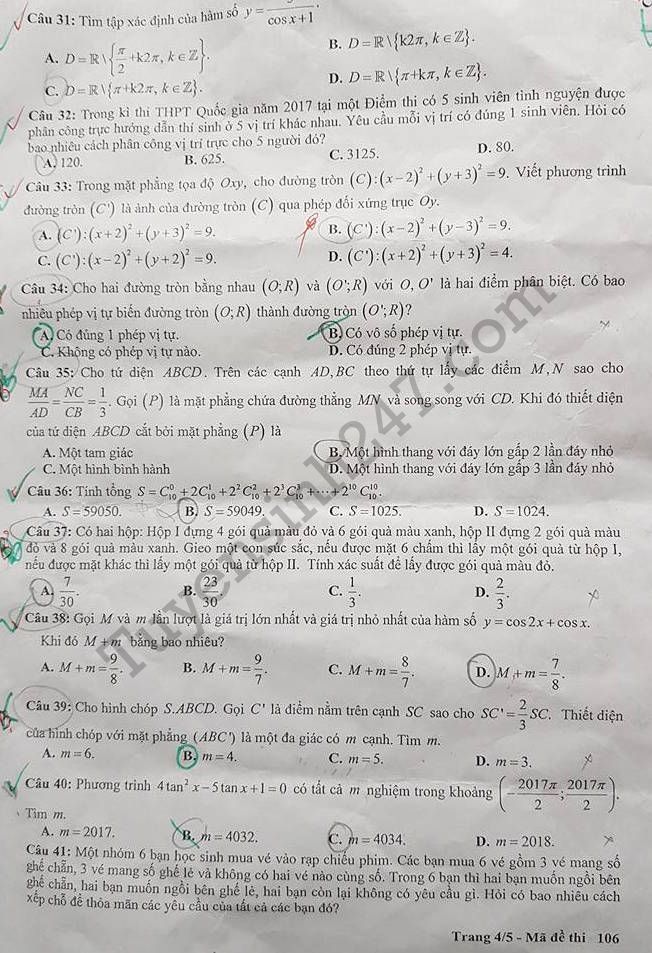 De thi ki 1 lop 11 mon Toan THPT Chu Van An 2017 - 2018