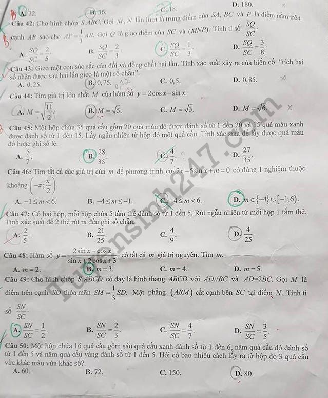 De thi ki 1 lop 11 mon Toan THPT Chu Van An 2017 - 2018