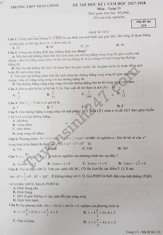 De thi ki 1 mon Toan lop 11 THPT Nhan Chinh 2017 - 2018