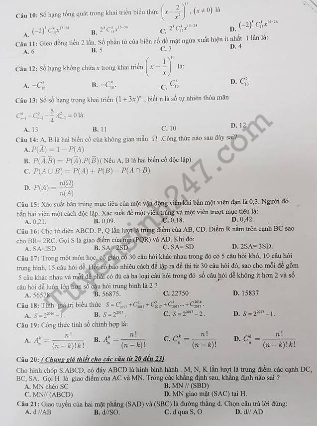 De thi ki 1 mon Toan lop 11 THPT Nhan Chinh 2017 - 2018