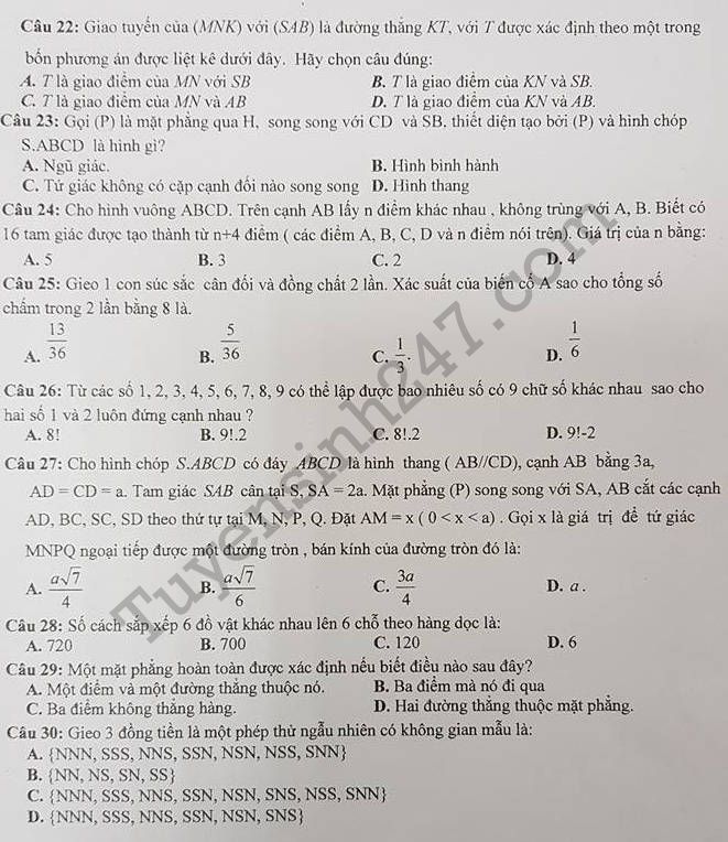 De thi ki 1 mon Toan lop 11 THPT Nhan Chinh 2017 - 2018
