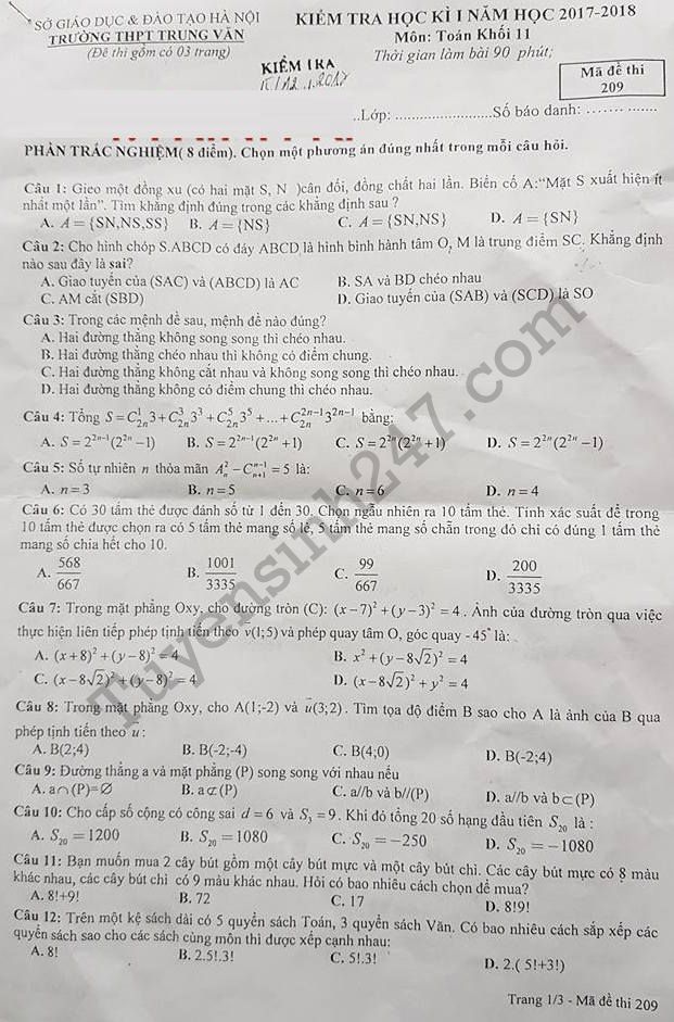 De thi hoc ki 1 lop 11 mon Toan 2017 - 2018 THPT Trung Van