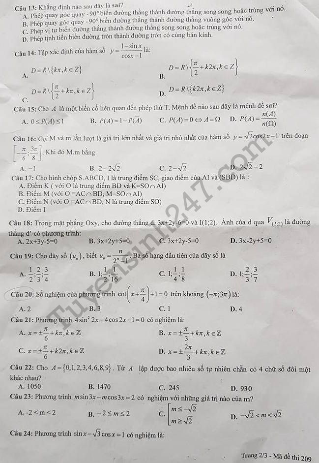 De thi hoc ki 1 lop 11 mon Toan 2017 - 2018 THPT Trung Van