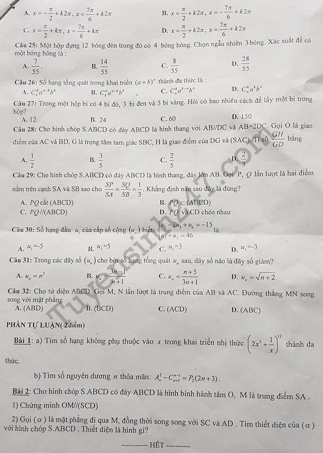 De thi hoc ki 1 lop 11 mon Toan 2017 - 2018 THPT Trung Van