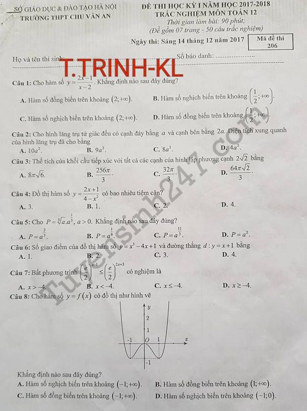 De thi hoc ki 1 lop 12 mon Toan THPT Chu Van An 2017 - 2018