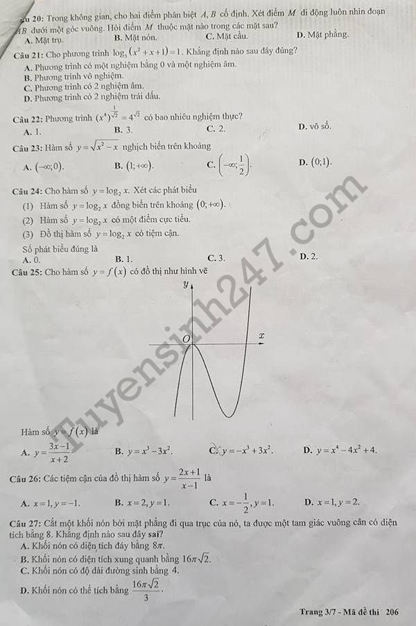 De thi hoc ki 1 lop 12 mon Toan THPT Chu Van An 2017 - 2018