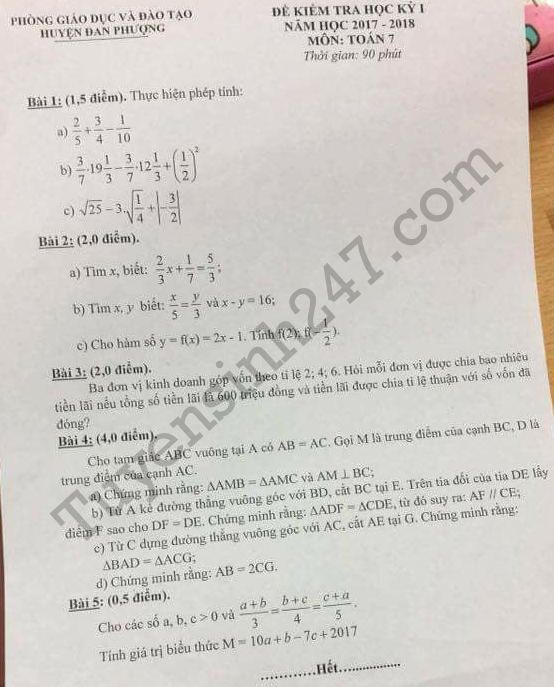 De thi ki 1 lop 7 mon Toan nam 2017 - 2018 Phong GD Dan Phuong