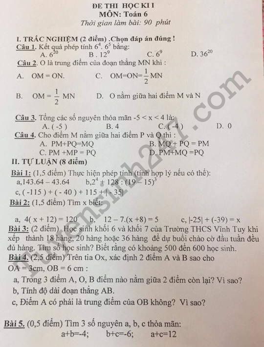 De thi hoc ki 1 lop 6 mon Toan - THCS Vinh Tuy 2017 - 2018