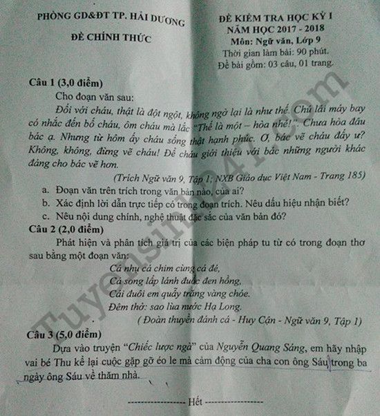 De thi ki 1 mon Van lop 9 Phong GD Hai Duong 2017 - 2018