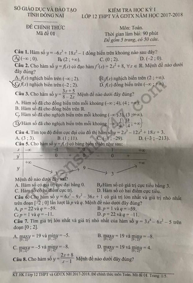 De thi hoc ki 1 lop 12 mon Toan - So GD Dong Nai 2017 - 2018