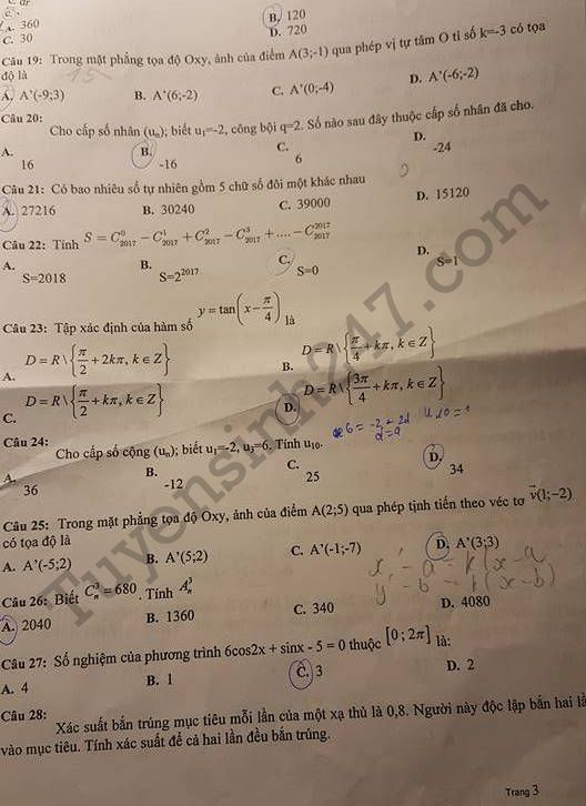 De thi ki 1 lop 11 mon Toan THPT Thanh Mien 2017 - 2018