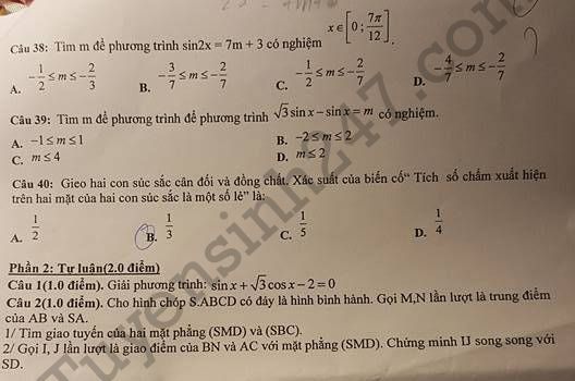 De thi ki 1 lop 11 mon Toan THPT Thanh Mien 2017 - 2018