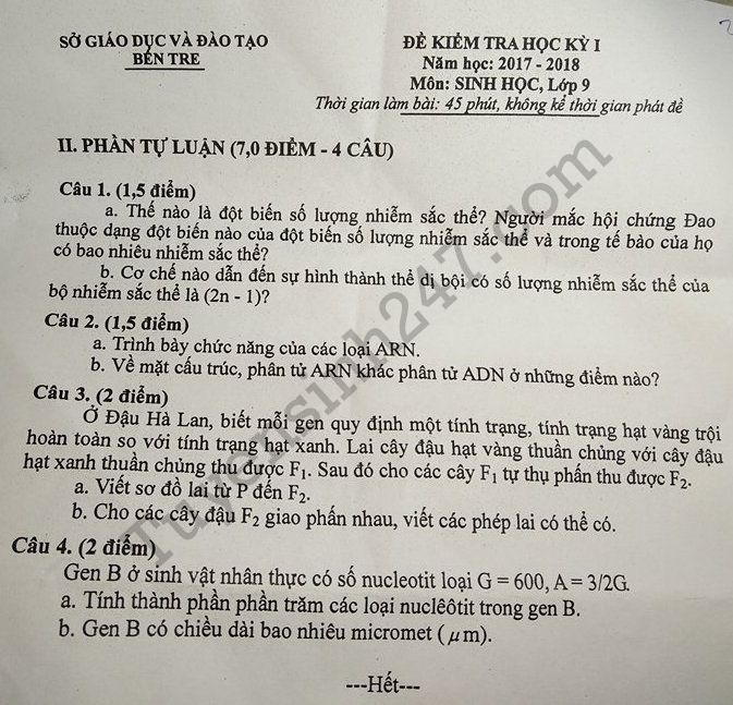 De kiem tra ki 1 lop 9 mon Sinh So GD Ben Tre 2017 - 2018