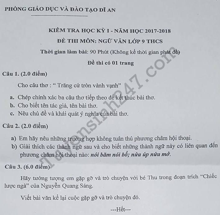 De thi ki 1 lop 9 mon Van nam hoc 2017 - 2018 Phong GD Di An