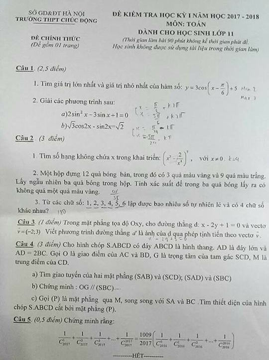 De thi ki 1 lop 11 mon Toan THPT Chuc Dong 2017 - 2018