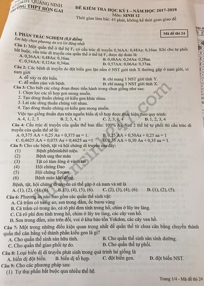 De thi ki 1 lop 12 mon Sinh THPT Hon Gai 2017 - 2018