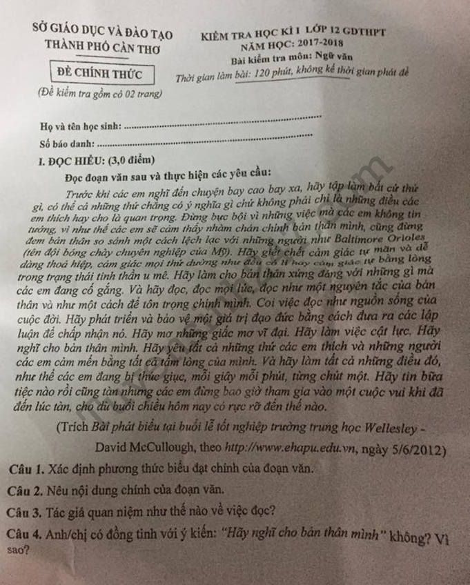 De thi ki 1 lop 12 mon Van So GD Can Tho 2017 - 2018