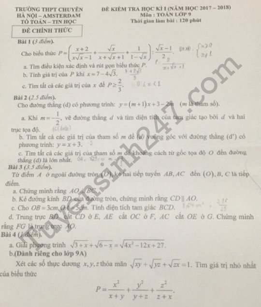De thi cuoi ki 1 lop 9 mon Toan Chuyen Amsterdam 2017 - 2018