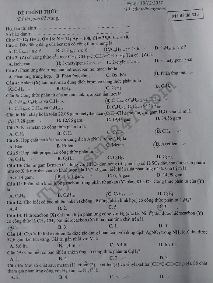 De thi ki 1 lop 11 mon Hoa THPT Chuyen Nguyen Quang Dieu 2017
