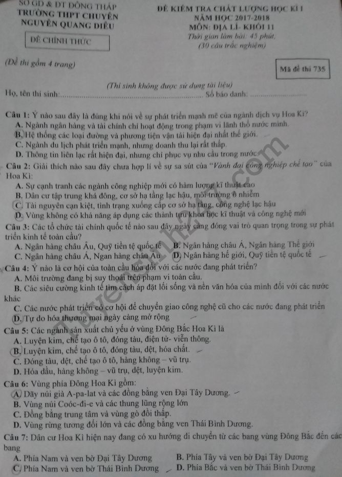 De thi ki 1 lop 11 mon Dia nam 2017 - 2018 Chuyen Nguyen Quang Dieu