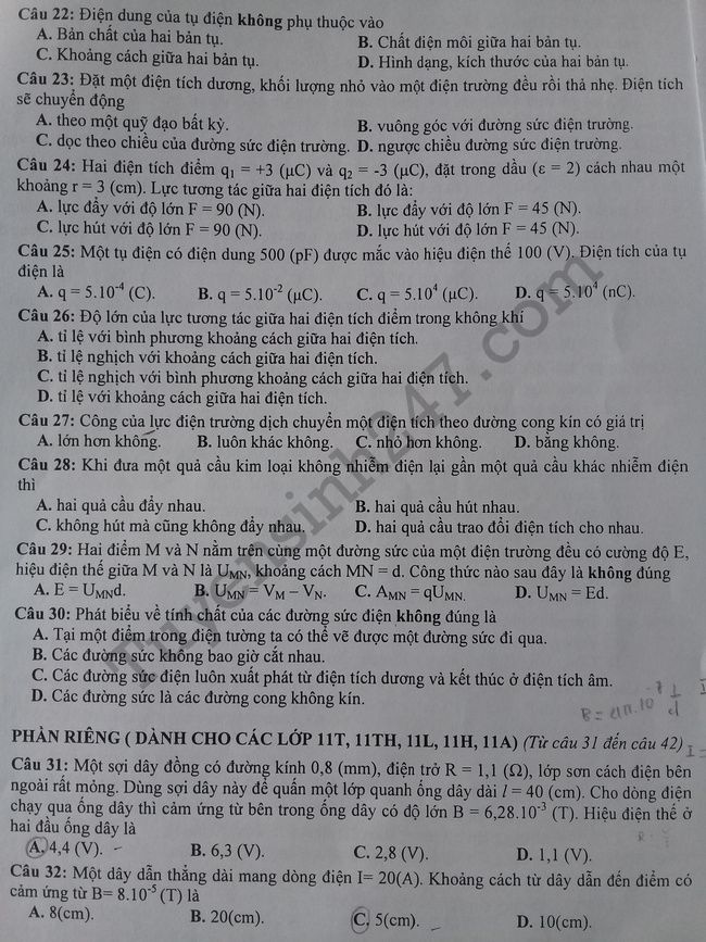 De thi ki 1 lop 11 mon Ly 2017 - 2018 Chuyen Nguyen Quang Dieu