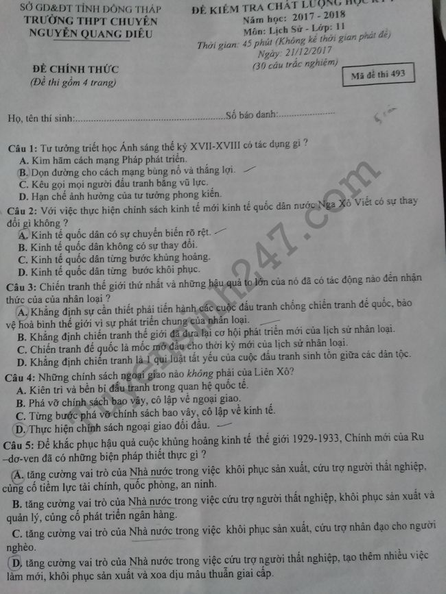 De thi ki 1 mon Su lop 11 nam 2017 - 2018 Chuyen Nguyen Quang Dieu