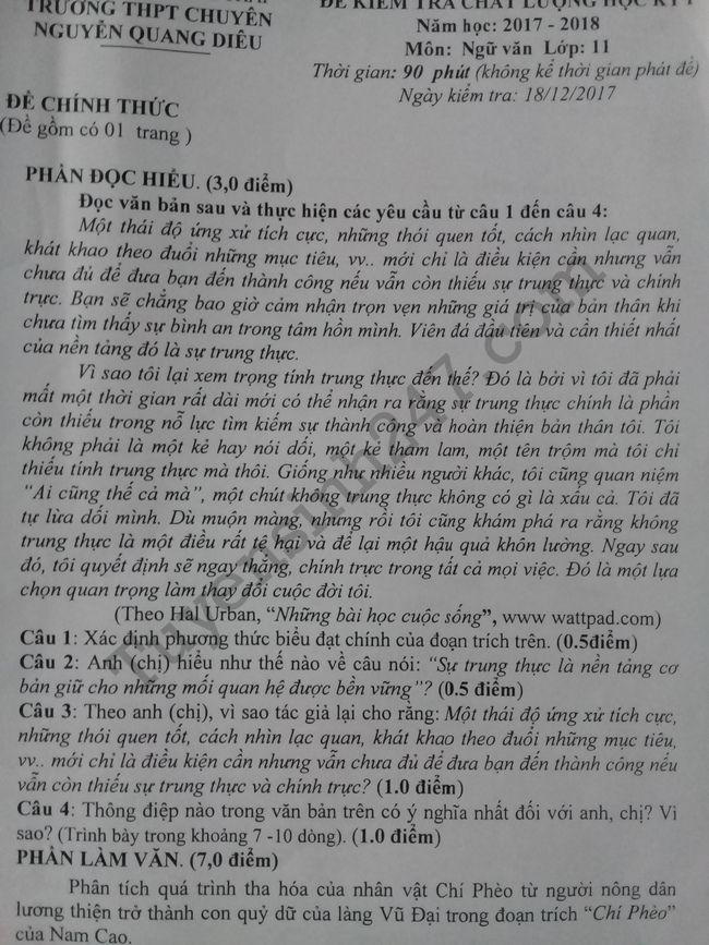 De thi ki 1 lop 11 mon Van THPT Chuyen Nguyen Quang Dieu 2017