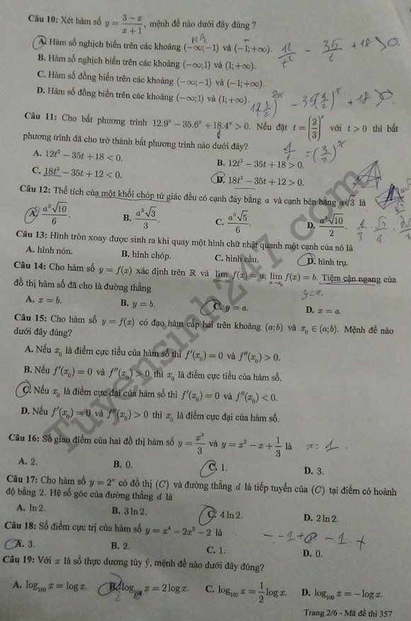 Dap an de thi ki 1 lop 12 mon Toan So GD Can Tho 2017 - 2018