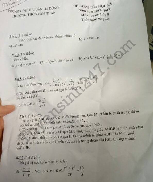 De thi ki 1 lop 8 mon Toan THCS Van Quan 2017 - 2018