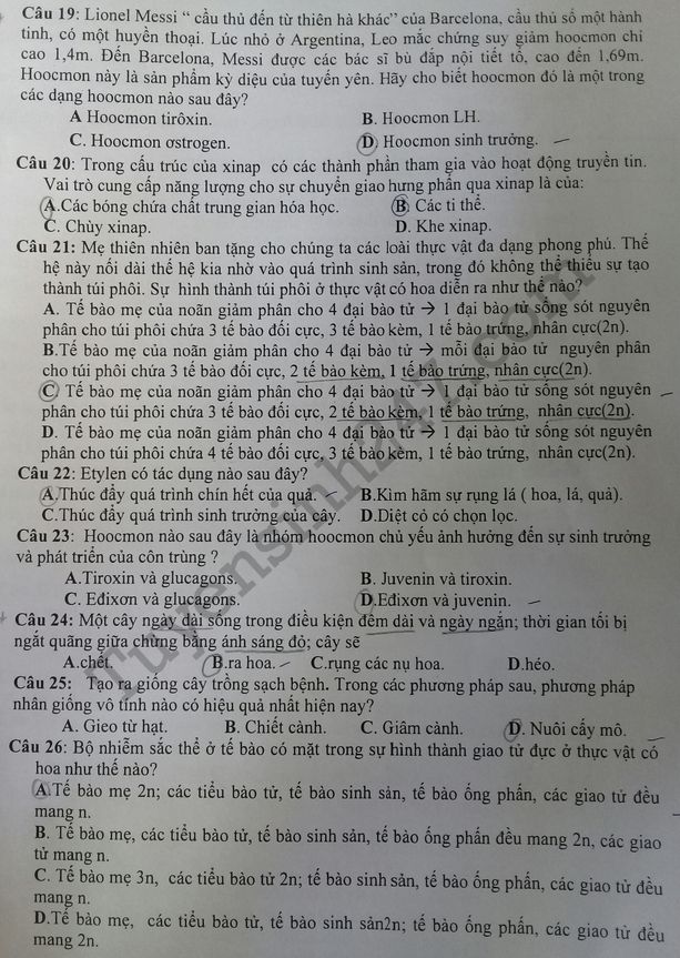 De thi ki 1 lop 11 mon Sinh 2017 THPT chuyen Nguyen Quang Dieu