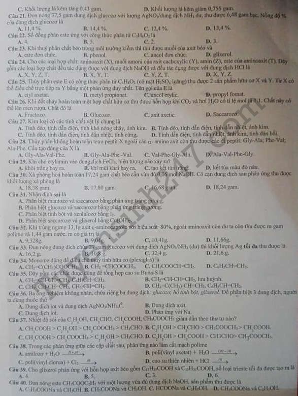De thi hoc ki 1 lop 12 mon Hoa 2017 - 2018 THPT Bac Duyen Ha