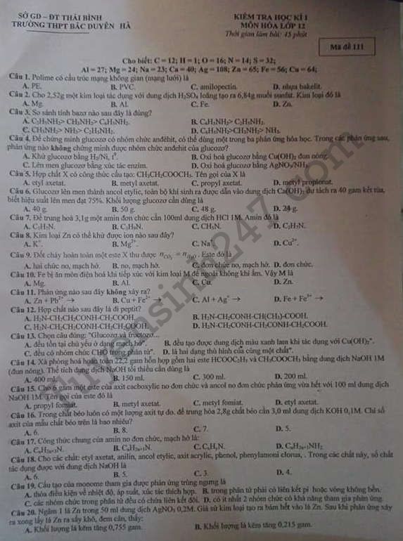 De thi hoc ki 1 lop 12 mon Hoa 2017 - 2018 THPT Bac Duyen Ha