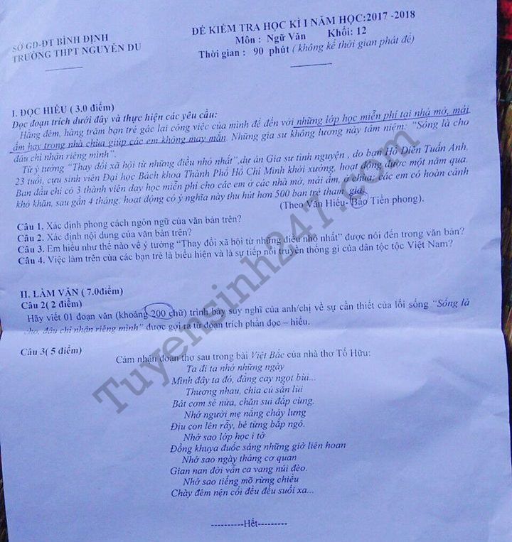 De thi hoc ki 1 lop 12 mon Van THPT Nguyen Du 2017